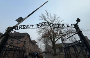 The entrance to Auschwitz 1, the infamous Arbeit Macht Frei sign. Credit: Joe Passmore