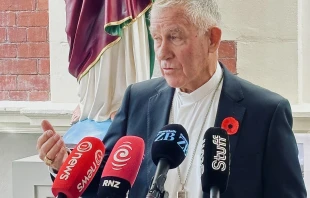Cardinal John Dew speaking during a press conference in Wellington, New Zealand New Zealand Catholic Bishops Conference