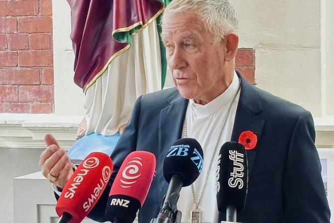 Cardinal John Dew speaking during a press conference in Wellington, New Zealand