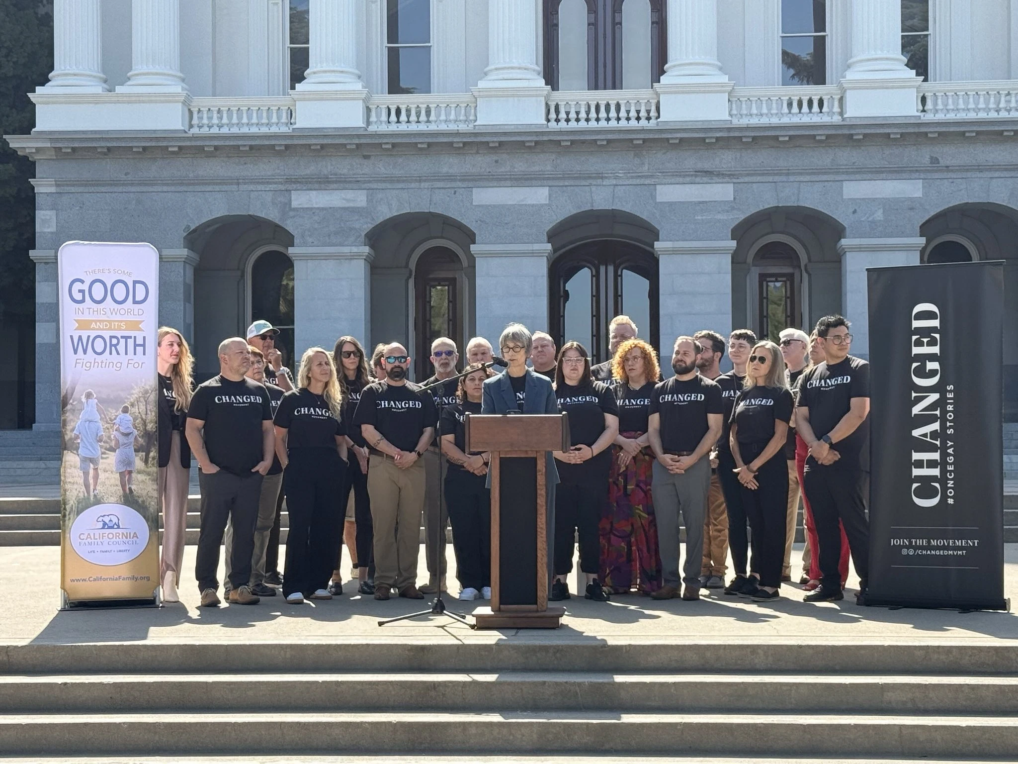 Elizabeth Woning of the Changed Movement speaks at a gathering of ex-LGBTQ advocates and other members of the movement on the steps of the California state capitol to rally against counseling restrictions.?w=200&h=150