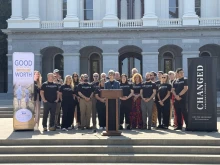 Elizabeth Woning of the Changed Movement speaks at a gathering of ex-LGBTQ advocates and other members of the movement on the steps of the California state capitol to rally against counseling restrictions.