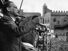 Alcide De Gasperi delivers a speech in Bologna, Italy, in 1951.