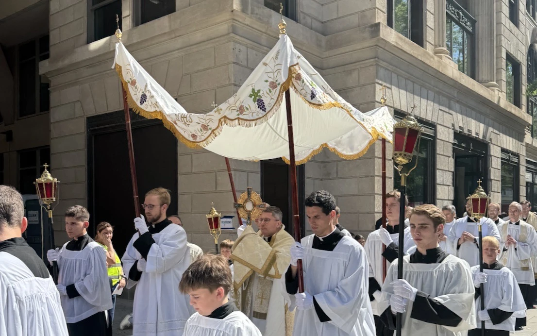 The Blessed Sacrament is held aloft during a Eucharistic procession through Washington, D.C., Saturday, May 17, 2025.?w=200&h=150