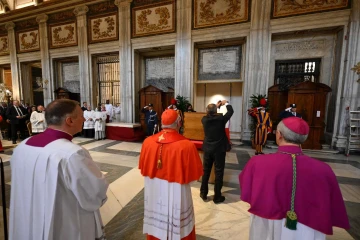 Cardinals and clergy gather at the tomb of Pope Francis in the Basilica of St. Mary Major on Saturday, April 26, 2025.