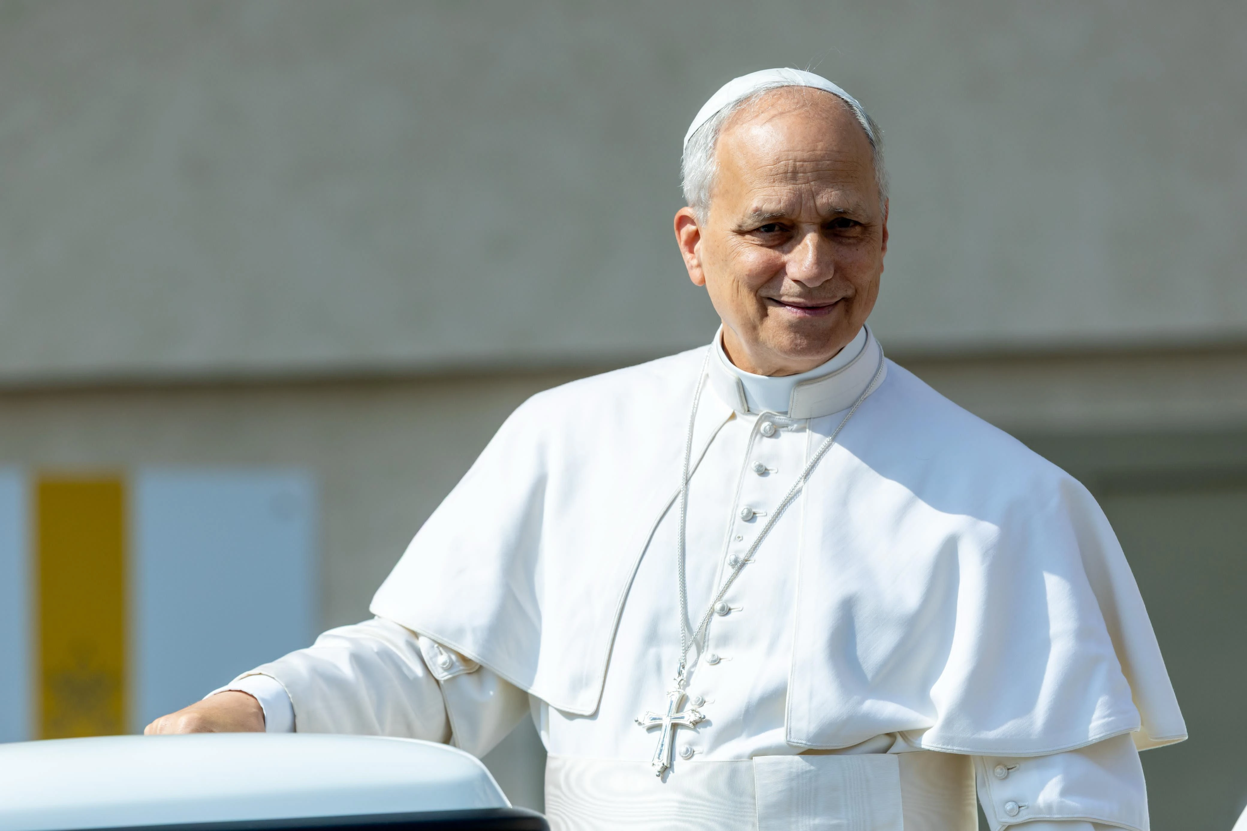 Pope Leo XIV greets pilgrims from the back of a pickup style popemobile before his general audience in St. Peter’s Square on June 11, 2025.?w=200&h=150