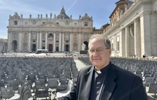 Father Pablo Gefaell is seen in St. Peter’s Square at the Vatican, Monday, April 21, 2025. Credit: Courtney Mares/CNA