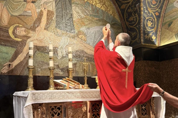 The Mass on the morning of June 13, 2025, at the Latin Calvary Chapel in the Basilica of the Holy Sepulchre. Credit: Cameron Mumford