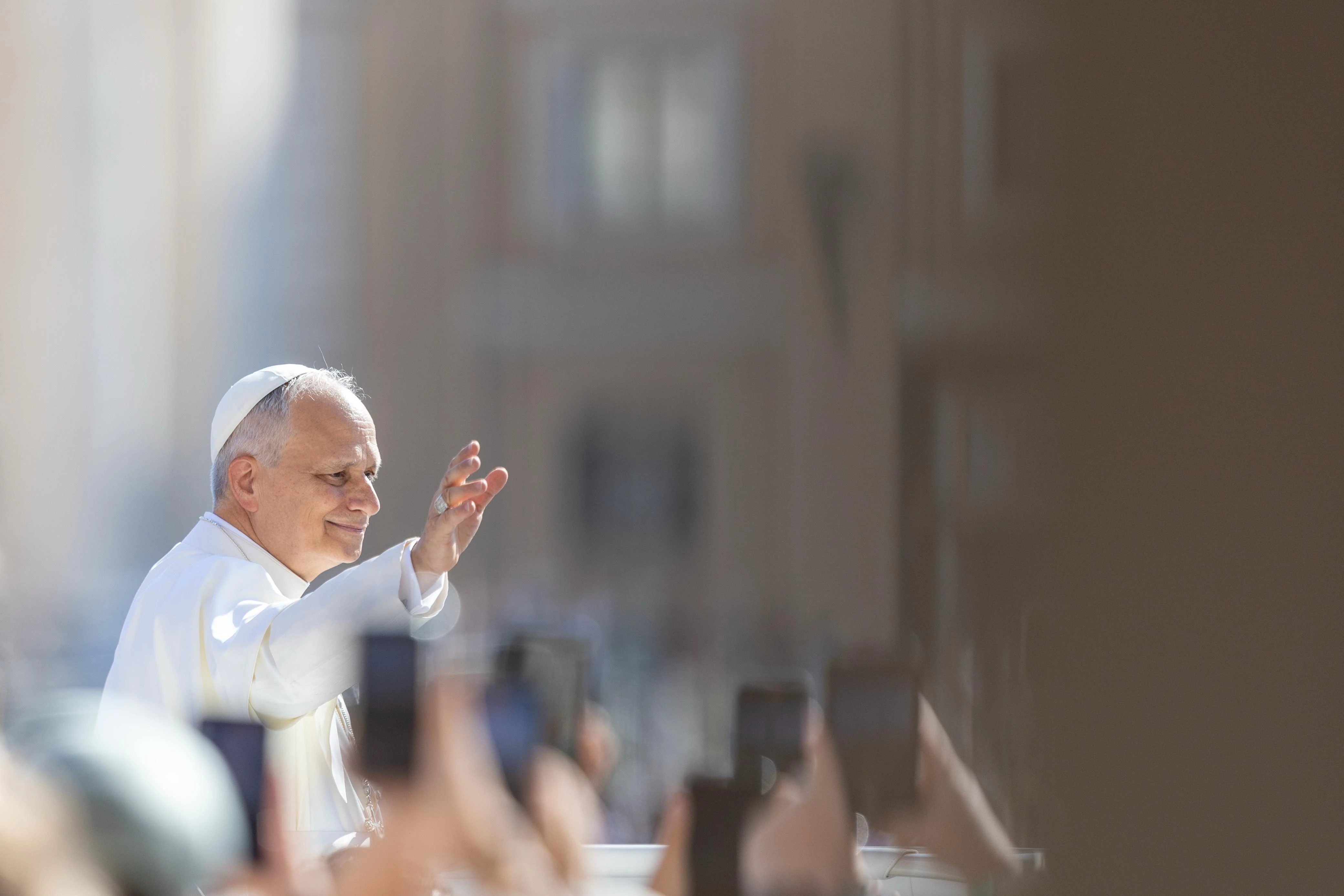 Pope Leo XIV waves to pilgrims at the Wednesday general audience in St. Peter's Square, Wednesday, June 25, 2025?w=200&h=150