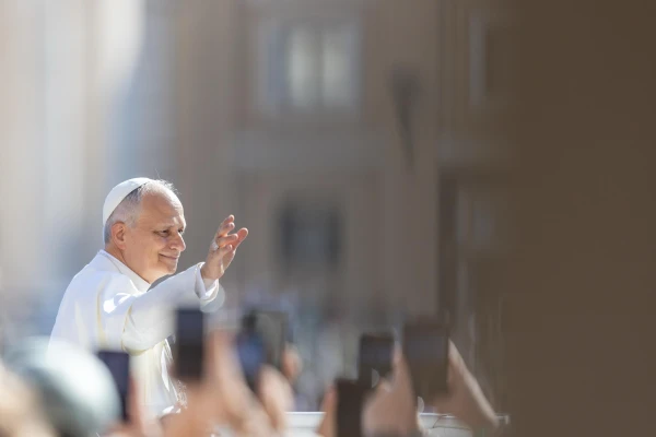Pope Leo XIV waves to pilgrims at the Wednesday general audience in St. Peter's Square, Wednesday, June 25, 2025. Credit: Daniel Ibáñez/CNA