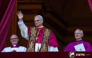 Pope Leo XIV waves to pilgrims in St. Peter's Square shortly after his election on Thursday, May 8, 2025 Credit: Daniel Ibáñez/CNA