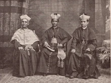 The Servant of God Matthew Makil (center) appears in this 1896 photo flanked by apostolic vicars Aloysius Pazheparambil (left) and John Menachery (right).