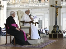 Pope Leo XIV addresses pilgrims at his general audience in St. Peter’s Square on June 18, 2025.