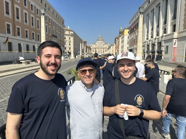 Seminarian Pietro (left) stands with priests and seminarians from Calabria in Rome on Tuesday, June 24, 2025. Credit: Courtney Mares/CNA