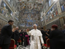 Pope Leo XIV exits the Sistine Chapel following a June 2, 2025, ceremony commemorating the life and legacy of Blessed Iuliu Hossu.