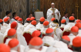 Pope Leo XIV addresses cardinals in the Sistine Chapel during his first Mass as pope on Friday, May 9, 2025. Credit: Vatican Media