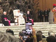 Pope Leo XIV speaks to journalists on May 12, 2025, in the Paul VI Audience Hall at the Vatican.