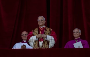 Pope Leo XIV greets pilgrims in St. Peter’s Square shortly after his election on Thursday, May 8, 2025. Credit: Daniel Ibañez/CNA