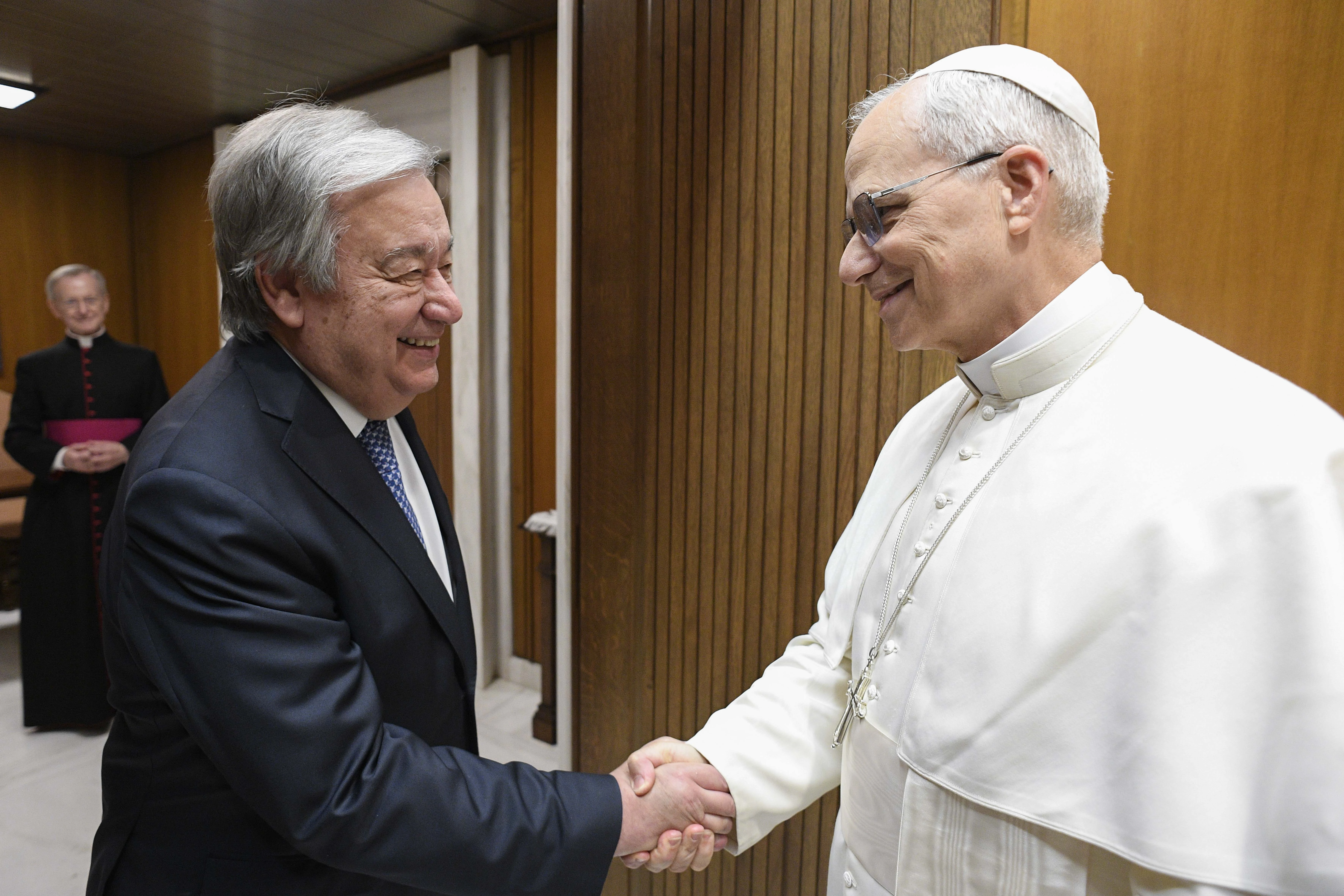 Pope Leo XIV meets with U.N. Secretary-General António Guterres on June 11, 2025, at the Vatican.?w=200&h=150