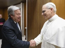 Pope Leo XIV meets with U.N. Secretary-General António Guterres on June 11, 2025, at the Vatican.