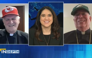 Kansas City Bishop James Johnston (left) and Philadelphia Archbishop Nelson Pérez (right) talk some clerical smack on “EWTN News in Depth” over their purportedly friendly Super Bowl wager.  Credit: “EWTN News in Depth”/Screenshot