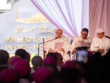 Pope Francis speaks to religious leaders on the grounds of Indonesia's national mosque in Jakarta, Indonesia, Sept 5, 2024.