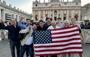 Americans gather in St. Peter’s Square on May 8, 2025, to celebrate the election of Pope Leo XIV, the first pontiff from the United States. Credit: Courtney Mares/CNA
