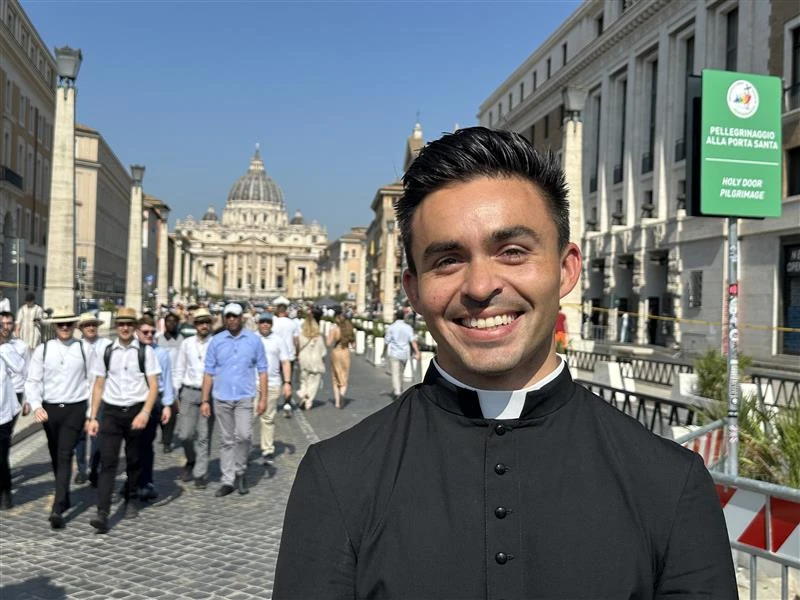 Seminarian Thomas Hammen smiles in view of St. Peter’s Basilica in Rome on Tuesday. June 24, 2025.?w=200&h=150