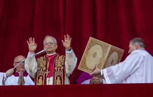 Pope Leo XIV greets the faithful in St. Peter's Square shortly after his election to the papacy, Thursday, May 8, 2025. Credit: Daniel Ibáñez/CNA