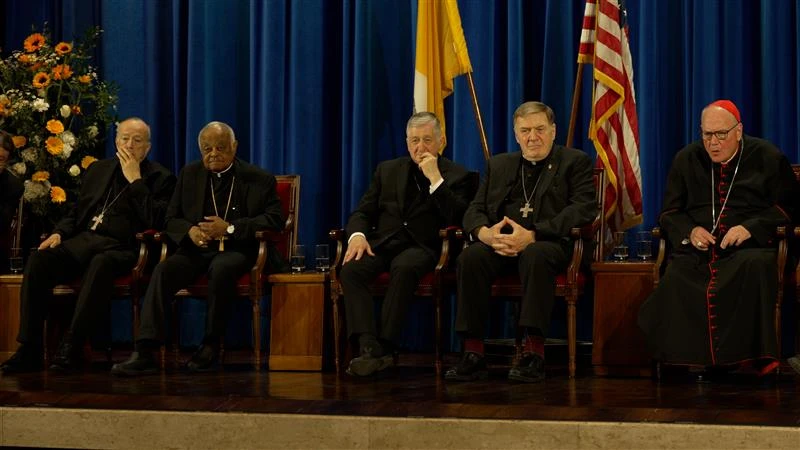 From left, Cardinals Robert McElroy, Wilton Gregory, Blase Cupich, Joseph Tobin, and Timothy Dolan give a press conference on Pope Leo XIV in the hall of the Pontifical North American College in Rome on May 9, 2025. Cardinals Christophe Pierre and Daniel DiNardo (not pictured) also participated.?w=200&h=150