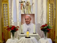 A memorial for Pope Francis is set up at the Sacred Heart of Jesus Cathedral of the Coptic Catholics in Qusiya, Egypt.