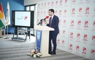 Rody Sher, editor-in-chief of ACI MENA, speaks on the second anniversary of ACI MENA in 2024 at the Catholic University in Erbil, Iraq, where the agency is based. This year marks three years since ACI MENA began its mssion to report on the Church and the lives of Christians in the Middle East. Credit: ACI MENA