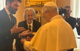 Actor Al Pacino and Italian film producer Andrea Iervolino give Pope Leo XIV a miniature model of a Maserati car during a private audience at the Vatican on June 17, 2025. Credit: Photo courtesy of Andrea Iervolino