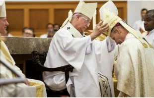 Vancouver Archbishop J.. Michael Miller, left, watches as Edmonton Archbishop Richard Smith places the mitre on Father Gary Franken at his ordination as bishop of St. Paul, Alberta, Canada, in December 2022. Archbishop Smith has been appointed the next archbishop of Vancouver after Pope Francis accepted Archbishop Miller's retirement. Credit: Prithi Spoeth