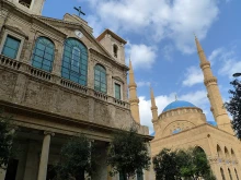 St. George Maronite cathedral beside the Mohammad Al-Amin mosque in Beirut, the Lebanese capital.