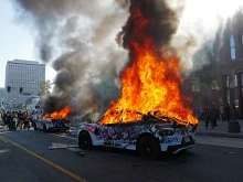 Waymo cars are set on fire and vandalized during a protest against immigration raids on June 8, 2025, in Los Angeles.