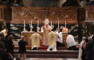 Cardinal Raymond Burke gives the final blessing during the Summorum Pontificum Pilgrimage Mass in Rome on Oct. 25, 2014. Credit: Daniel Ibanez/CNA