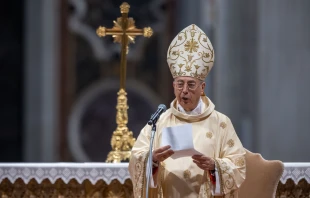 Cardinal Dominique Mamberti delivers his homily during the ninth Novendiales Mass for Pope Francis on the third Sunday of Easter, May 4, 2025, at St. Peter’s Basilica in the Vatican. Credit: Daniel Ibañez/CNA