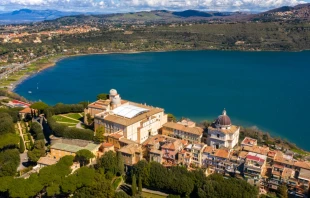 An aerial view of the papal palace of Castel Gandolfo near Rome. The apostolic palace is a complex of buildings served for centuries as a summer residence for the pope and overlooks Lake Albano. Credit: Stefano Tammaro/Shutterstock