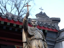 St. Francis Xavier statue in front St. Joseph Cathedral in Beijing, China, Feb. 25, 2016.
