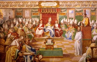 The Council of Nicaea in 325 as depicted in a fresco in Salone Sistino at the Vatican. Credit: Giovanni Guerra (1544-1618), Cesare Nebbia (1534-1614) e aiuti, Public domain, via Wikimedia Commons