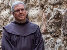 Father Francesco Patton, custos of the Holy Land, stops at the Eighth Station of the Via Dolorosa in Jerusalem during the Good Friday Via Crucis on March 29, 2024.
