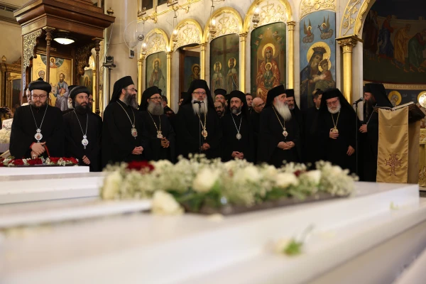 The main funeral service for the majority of the victims of the Mar Elias Church terrorist attack took place at noon on June 24, 2025, at the Church of the Holy Cross in the Qassaa district of Damascus. It was presided over by Greek Orthodox Patriarch John X Yazigi, with Melkite Catholic Patriarch Youssef Absi and Syrian Catholic Patriarch Ignatius Youssef III Younan also in attendance, alongside numerous bishops, priests, and a large crowd from various denominations. Credit: Mohammad Al-Rifai/ACI MENA