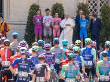 Pope Leo XIV addresses 159 cyclists before they take a noncompetitive ride around Vatican City on the day of the last leg of the international Giro d’Italia multistage bicycle race on June 1, 2025.