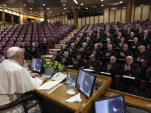 Pope Francis meets with the Spanish bishops at the Vatican on Nov. 28, 2023.