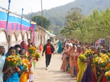 Catholics await the arrival of bishops in front of the Catholic church in Nandagiri, India, Wednesday, Feb. 5, 2025.