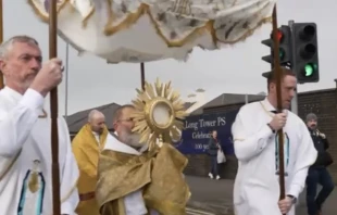 Thousands of people walk prayerfully together through the streets during a Eucharistic procession in Derry, Ireland, on the feast of St. Brigid, Feb. 1, 2025. Credit: EWTN Ireland