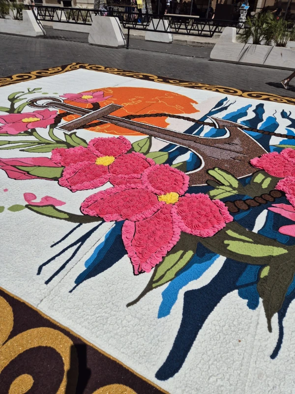 This year’s 12th edition of the Infiorata Storica centered on the theme of the Jubilee of Hope, expressed through floral arrangements, each covering more than 500 square feet. June 29, 2025. Credit: Hannah Brockhaus