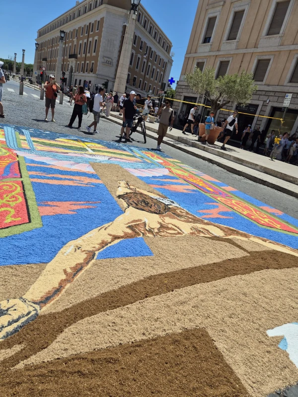The floral works, rich in religious symbolism, decorated the spiritual heart of Rome as part of a new edition of the Infiorata Storica (Historic Flower Festival). June 29, 2025. Credit: Hannah Brockhaus
