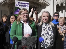 Susan Smith (left) and Marion Calder, co-directors of For Women Scotland, with campaigners celebrate outside the U.K. Supreme Court in London on Wednesday April 16, 2025, after the terms “woman” and “sex” in the Equality Act were ruled to refer to a biological woman and biological sex.