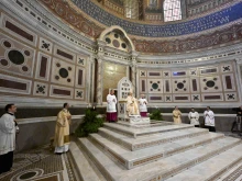 Pope Leo XIV sits in the cathedral of Rome, the Archbasilica of St. John Lateran, a symbol of his authority as bishop of Rome, on May 25, 2025.